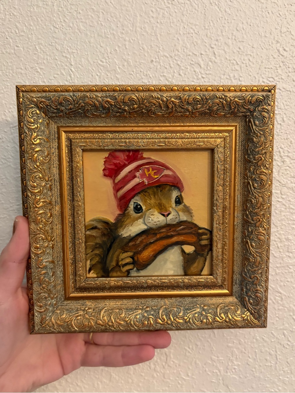 "Kansas City Squirrel” Original oil painting on wood board mini framed 4x4"